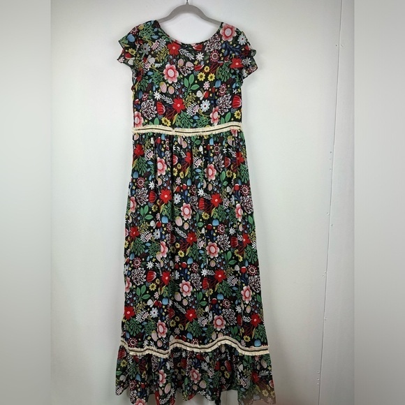 NWT Traffic People Floral Fringe Maxi Dress, Black, Multi, Size XL - Picture 2 of 16